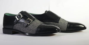 Handmade Men's Black Leather Tweed Cap Toe Brogue Double Monk Strap Shoes, Men Dress Formal Shoes