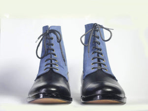 Handmade Men's Black Blue Leather Suede Cap Toe Lace Up Boots, Men Ankle Boots, Men Fashion Boots