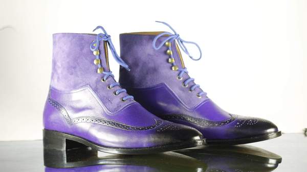 Handmade Men's Purple Leather Suede Wing Tip Brogue Lace Up Boots, Men Ankle Boots, Men Fashion Boots
