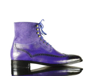 Handmade Men's Purple Leather Suede Wing Tip Brogue Lace Up Boots, Men Ankle Boots, Men Fashion Boots