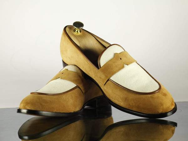 Handmade Men's Tan White Suede Penny Loafer, Men Dress Formal Driving Shoes