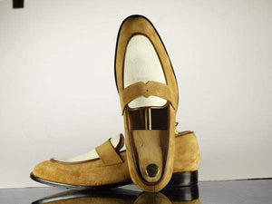Handmade Men's Tan White Suede Penny Loafer, Men Dress Formal Driving Shoes
