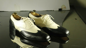 Handmade Men's Black Off White Leather Wing Tip Brogue Lace Up Shoes, Men Dress Formal Shoes