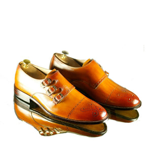 Handmade Men's Tan Leather Cap Toe Brogue Shoes, Men Triple Monk Strap Dress Formal Shoes