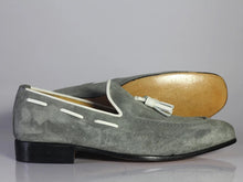 Load image into Gallery viewer, Handmade Men&#39;s Gray Suede Tassel Loafer, Men Dress Formal Shoes