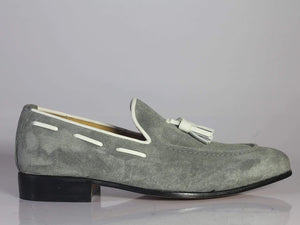Handmade Men's Gray Suede Tassel Loafer, Men Dress Formal Shoes