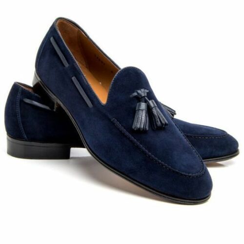 Men Blue Loafer Tassel Suede Leather Shoes