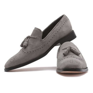 Handmade Men's Gray Suede Brogue Tassel Loafer, Men Dress Formal Shoes
