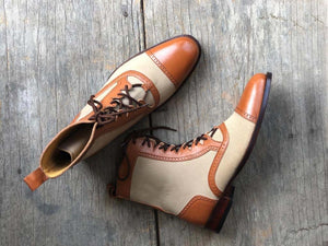 Handmade Men's Beige Brown Leather Suede Cap Toe Lace Up Boots, Men Ankle Boots, Men Fashion Boots