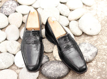 Load image into Gallery viewer, Handmade Men&#39;s Black Alligator Textured Leather Penny Loafers, Men Dress Formal Driving Shoes