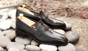 Handmade Men's Black Alligator Textured Leather Penny Loafers, Men Dress Formal Driving Shoes