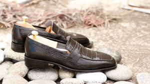 Handmade Men's Black Alligator Textured Leather Penny Loafers, Men Dress Formal Driving Shoes