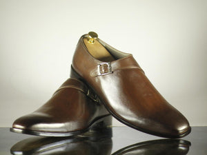 Handmade Men's Brown Leather Monk Strap Shoes, Men Dress Formal Shoes