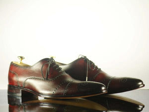 Handmade Men's Brown Leather Cap Toe Brogue Lace Up Shoes, Men Dress Formal Shoes