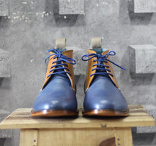 Load image into Gallery viewer, Handmade Men&#39;s Tan Blue Leather Chukka Lace Up Boots, Men Ankle Boots, Men Fashion Boots