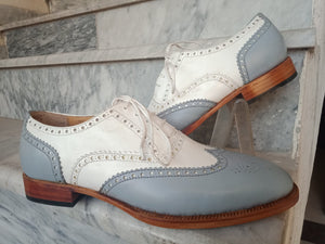 Handmade Men's White Gray Leather Wing Tip Brogue Lace Up Shoes, Men Dress Formal Shoes