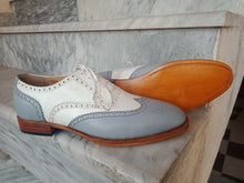 Load image into Gallery viewer, Handmade Men&#39;s White Gray Leather Wing Tip Brogue Lace Up Shoes, Men Dress Formal Shoes