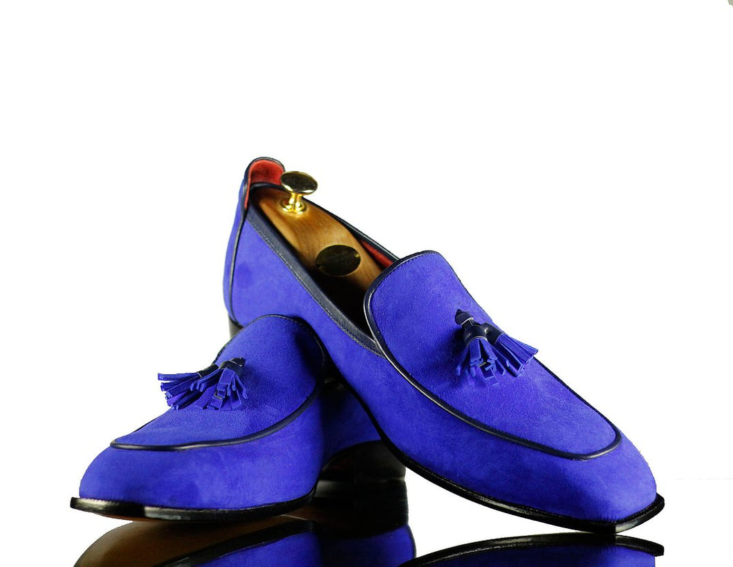 Handmade Men's Blue Suede Tassel Loafer, Men Dress Formal Shoes