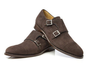 Handmade Men's Chocolate Brown Suede Double Monk Strap Shoes, Men Dress Formal Shoes