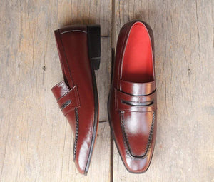 New Handmade Men's Burgundy Leather Penny Loafers, Men Dress Fashion Driving Shoes