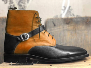 New Handmade Men's Tan Black Leather Lace Up & Buckle Strap Boots, Men Ankle Boots, Men Fashion Boots
