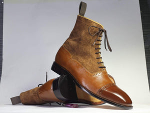 New Handmade Men's Brown Leather Suede Cap Toe Lace Up Boots, Men Ankle Boots, Men Fashion Boots