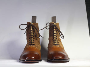 New Handmade Men's Brown Leather Suede Cap Toe Lace Up Boots, Men Ankle Boots, Men Fashion Boots
