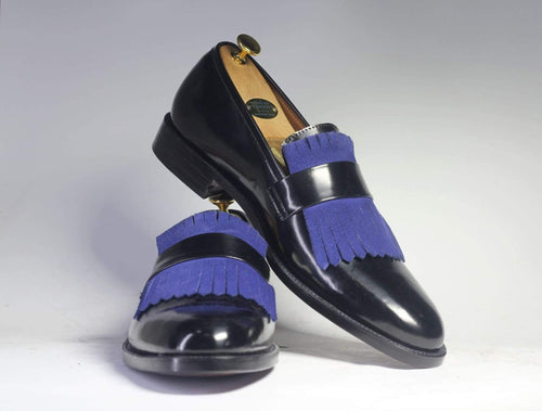 New Handmade Men's Black Blue Leather Suede Fringes Loafer, Men Dress Formal Shoes