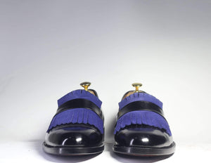 New Handmade Men's Black Blue Leather Suede Fringes Loafer, Men Dress Formal Shoes