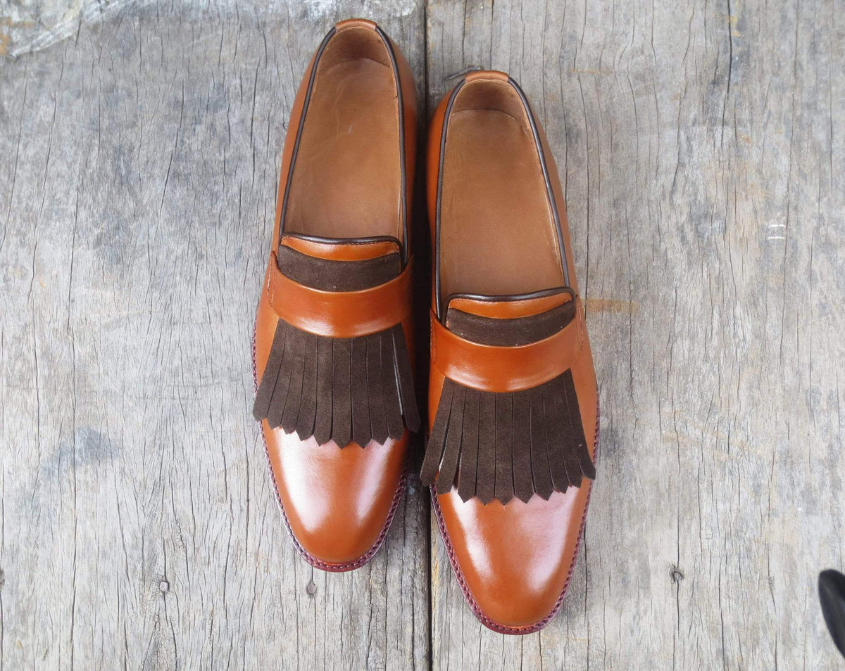 New Handmade Men's Brown Leather Suede Fringes Loafer, Men Dress Forma ...