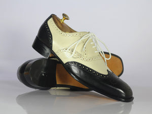 New Handmade Men's Black Off-White Leather Wing Tip Brogue Lace Up Shoes, Men Dress Formal Shoes