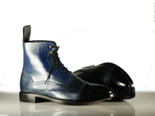 Load image into Gallery viewer, Handmade Men&#39;s Navy Blue Leather Cap Toe Lace Up Boots, Men Ankle Boots, Men Fashion Boots