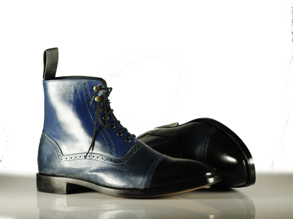 Handmade Men's Navy Blue Leather Cap Toe Lace Up Boots, Men Ankle Boots, Men Fashion Boots