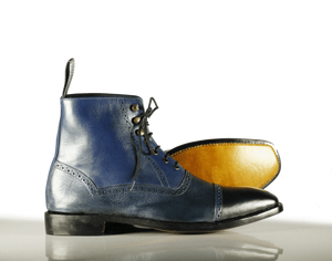 Handmade Men's Navy Blue Leather Cap Toe Lace Up Boots, Men Ankle Boots, Men Fashion Boots