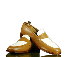Load image into Gallery viewer, Elegant Handmade Men&#39;s Tan White Leather Penny Loafers, Men Dress Fashion Driving Shoes