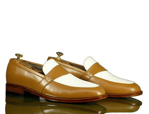 Elegant Handmade Men's Tan White Leather Penny Loafers, Men Dress Fashion Driving Shoes