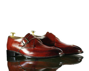 Handmade Men's Burgundy Leather Split Toe Monk Strap Shoes, Men Dress Fashion Driving Shoes