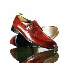 Load image into Gallery viewer, Handmade Men&#39;s Burgundy Leather Split Toe Monk Strap Shoes, Men Dress Fashion Driving Shoes