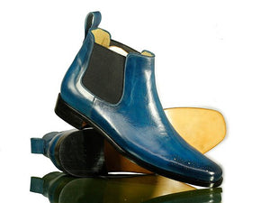 Handmade Men's Blue Leather Brogue Toe Chelsea Boots, Men Ankle Boots, Men Fashion Boots