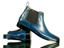 Load image into Gallery viewer, Handmade Men&#39;s Blue Leather Brogue Toe Chelsea Boots, Men Ankle Boots, Men Fashion Boots
