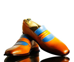 New Handmade Men's Tan Blue Leather Penny Loafers, Men Dress Fashion Driving Shoes