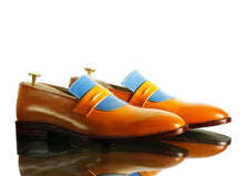 Load image into Gallery viewer, New Handmade Men&#39;s Tan Blue Leather Penny Loafers, Men Dress Fashion Driving Shoes