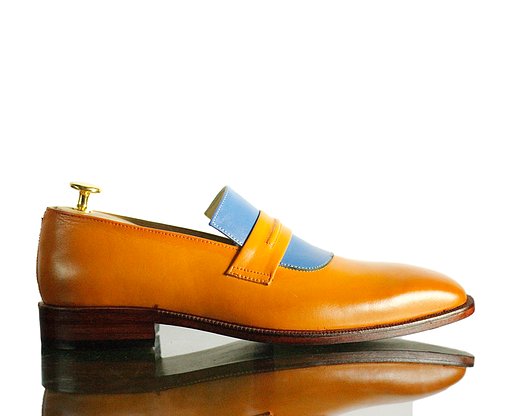 New Handmade Men's Tan Blue Leather Penny Loafers, Men Dress Fashion Driving Shoes