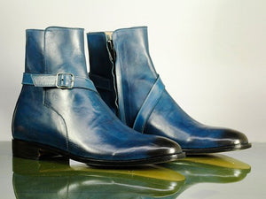 Awesome Handmade Men's Blue Leather Jodhpur Strap Boots, Men Ankle Boots, Men Fashion Boots