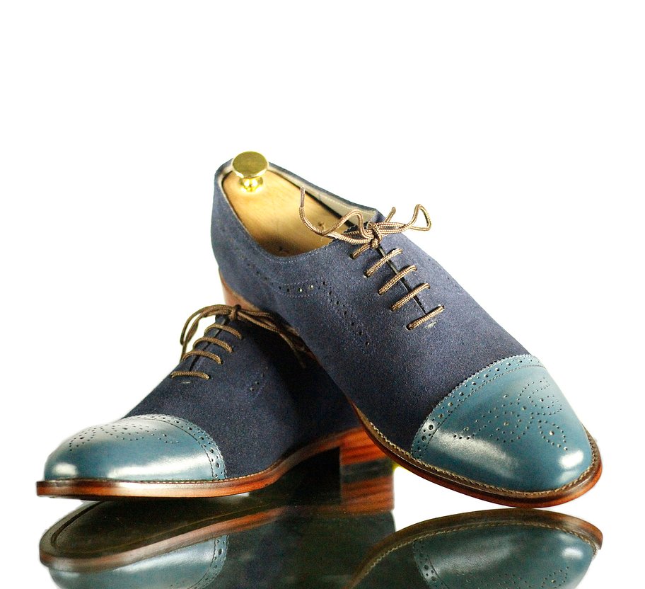 New Handmade Men's Blue Leather Cap Toe Brogue Lace Up Shoes, Men Dress Formal Shoes
