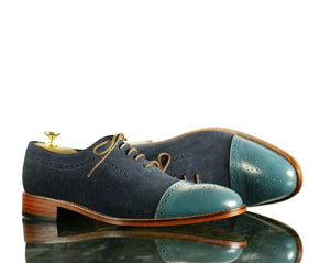 New Handmade Men's Blue Leather Cap Toe Brogue Lace Up Shoes, Men Dress Formal Shoes