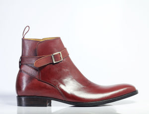 New Handmade Men's Burgundy Leather Jodhpur Strap Boots, Men Ankle Boots, Men Fashion Boots