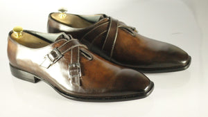 Handmade Men's Brown Leather Double Monk Strap Shoes, Men Dress Formal Shoes