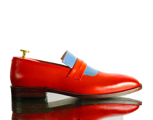 Elegant Handmade Men's Burgundy Blue Leather Penny Loafers, Men Dress Fashion Driving Shoes