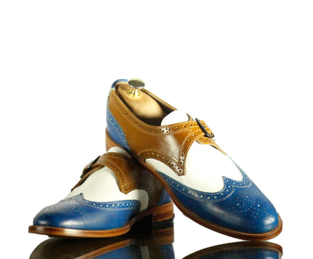 New Handmade Men's Multi Color Leather Wing Tip Brogue Monk Strap Shoes, Men Dress Formal Shoes